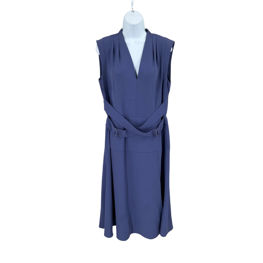White House Black Market Dress Womens 12 Blue Classic Minimalist V-Neck Belted